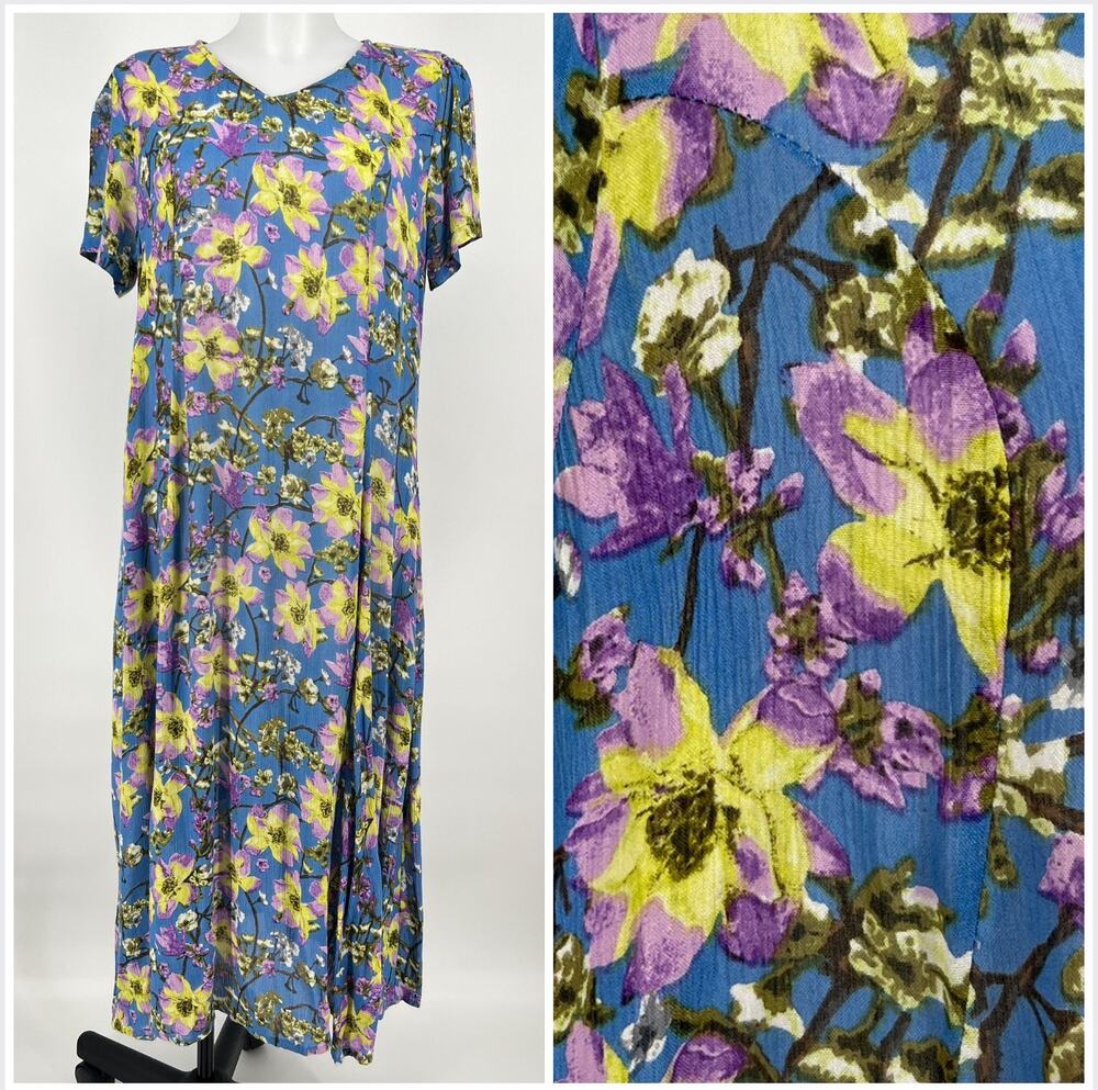 Vtg 90s Salon Studio Maxi Shift Dress Small Oversized Bold Floral Print Pockets